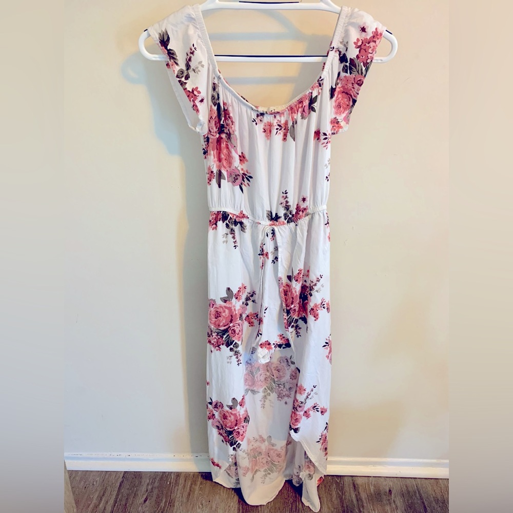 Love J , medium , romper with long train. Off the shoulder look.